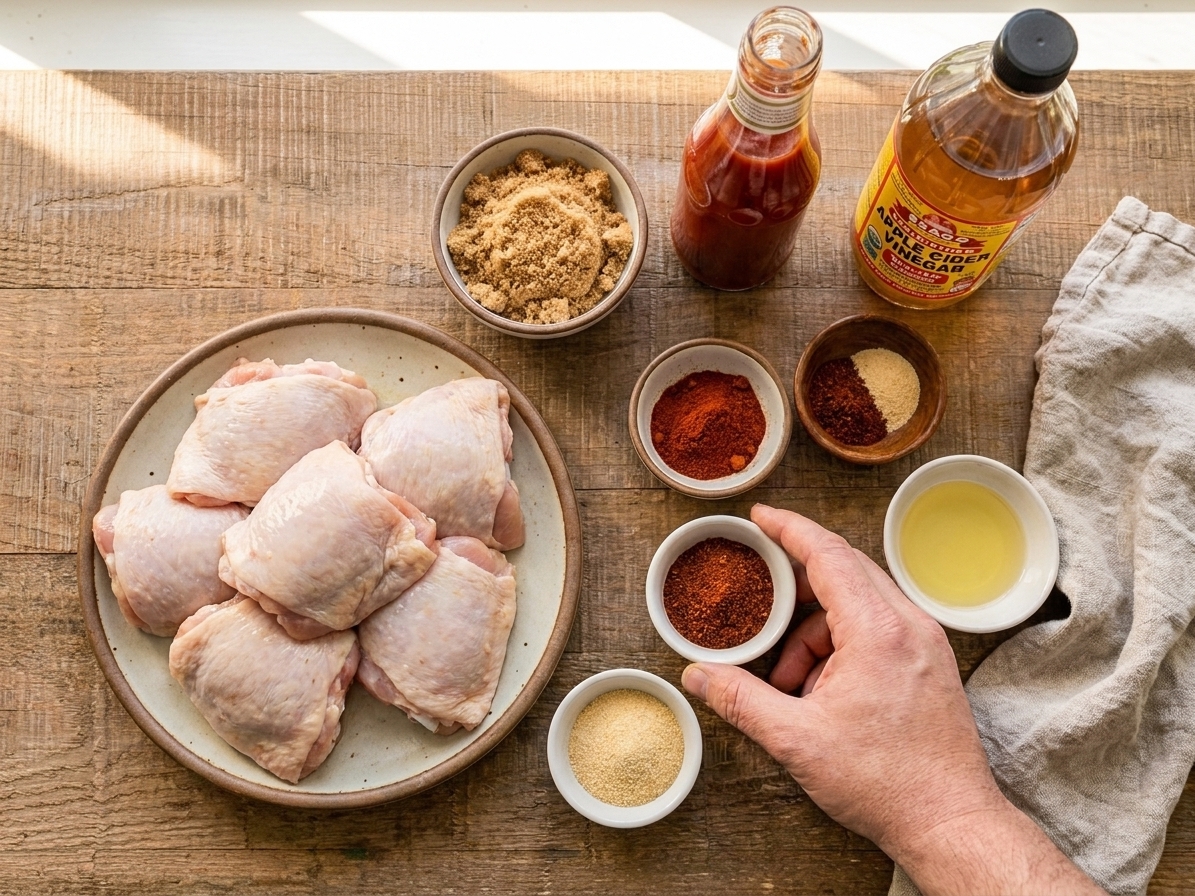 Raw chicken thighs, brown sugar, ketchup, apple cider vinegar, spices, and a small bowl of oil arranged on a bright kitchen counter
