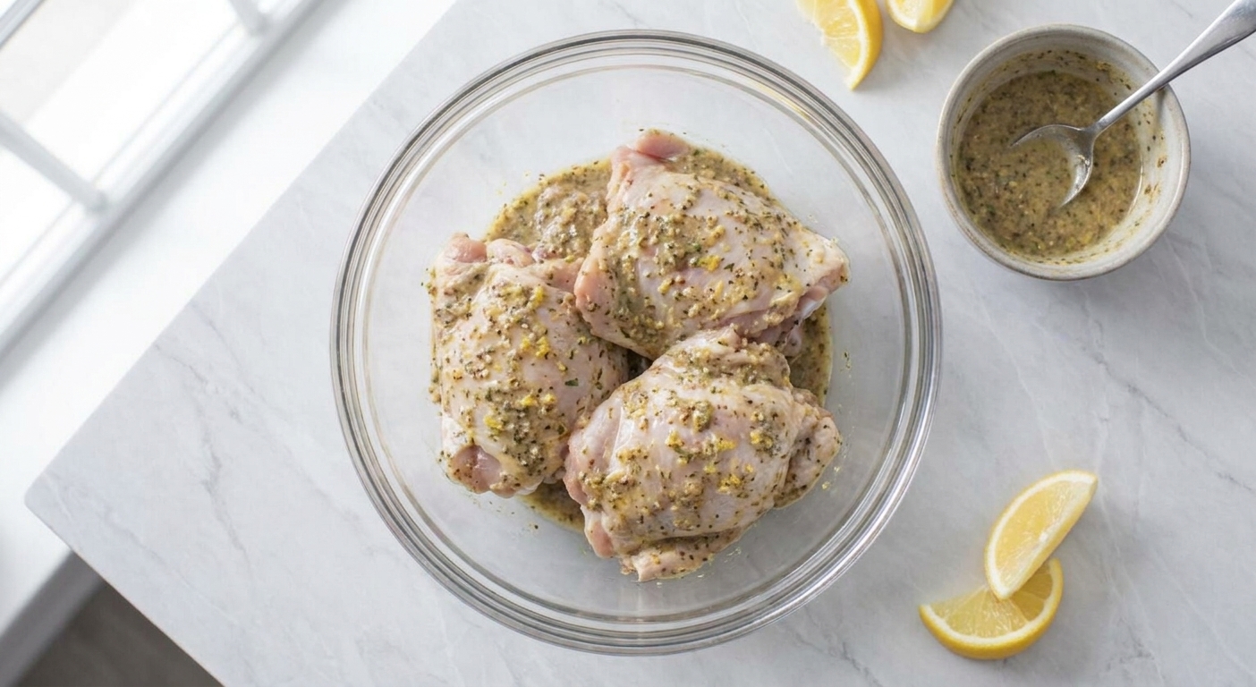 Raw chicken thighs coated in a lemon-garlic spice marinade in a glass mixing bowl on a kitchen counter