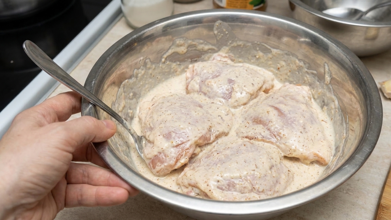 Raw chicken thighs coated in a pale yogurt and spice marinade in a stainless steel mixing bowl with a spoon on the side