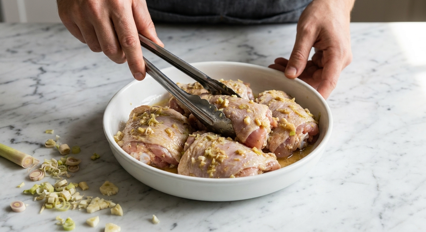 Raw chicken thighs coated in lemongrass marinade in a shallow dish on a countertop