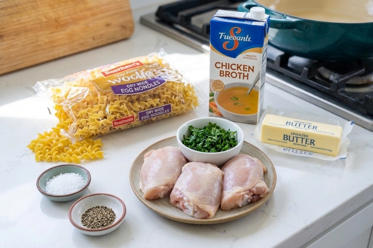 Raw chicken thighs, dry egg noodles, chicken broth, butter, and chopped parsley laid out on a clean kitchen counter with small bowls for salt and pepper