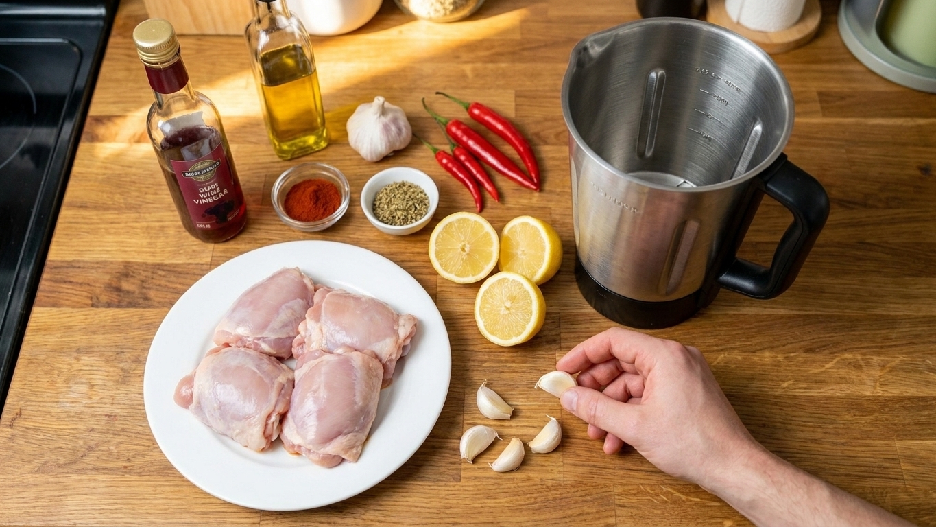 Raw chicken thighs, garlic, lemons, red chilies, smoked paprika, oregano, olive oil, and vinegar arranged on a kitchen counter next to a blender