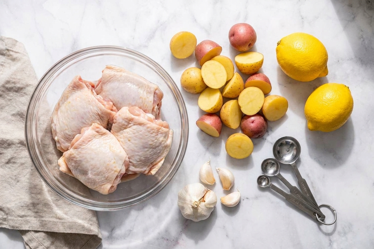 Raw chicken thighs, halved baby potatoes, whole lemons, and garlic cloves arranged on a kitchen counter with measuring spoons