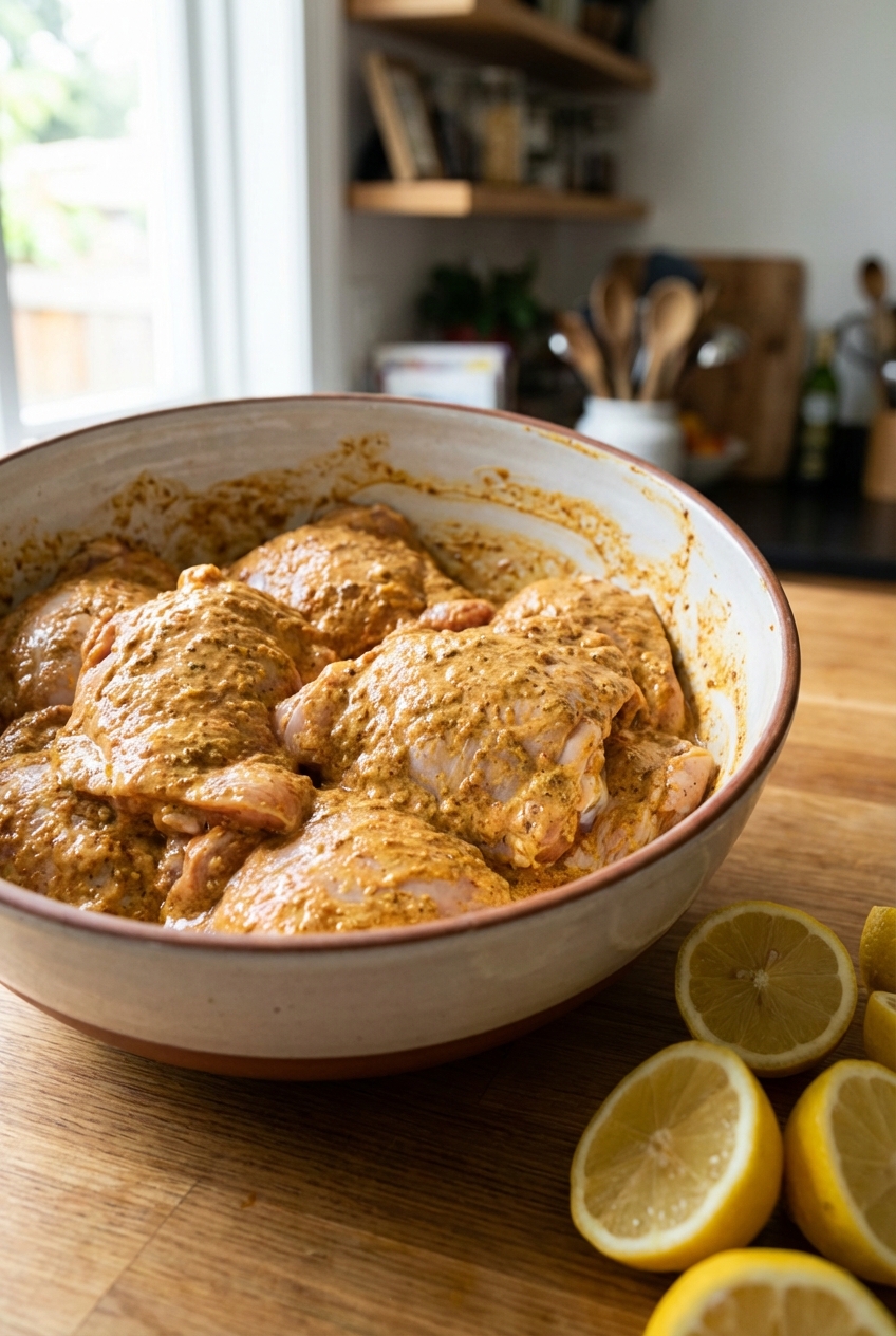 Raw chicken thighs in a bowl coated in shawarma spices and yogurt marinade with lemon wedges on the side