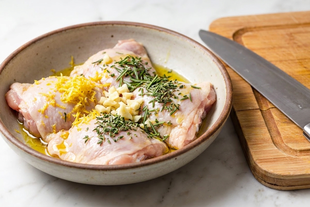 Raw chicken thighs in a bowl with lemon zest, minced garlic, olive oil, and herbs ready to be mixed on a kitchen counter