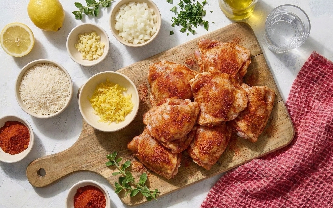 Raw chicken thighs, lemons, garlic, onion, rice, and spices arranged on a light kitchen counter with a cutting board and small bowls