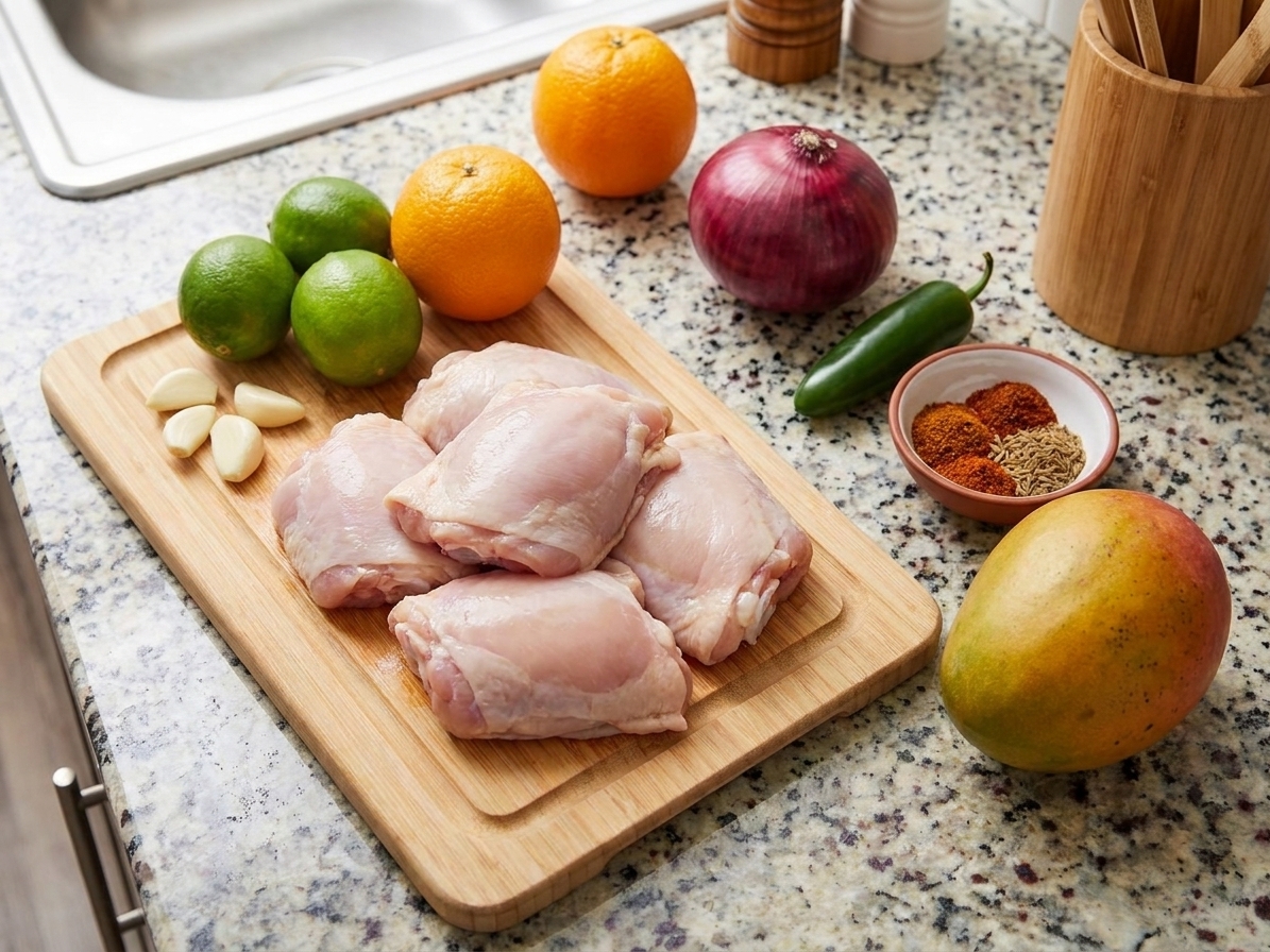 Raw chicken thighs, limes, oranges, garlic, onion, jalapeño, spices, and mango laid out on a clean kitchen counter with a cutting board