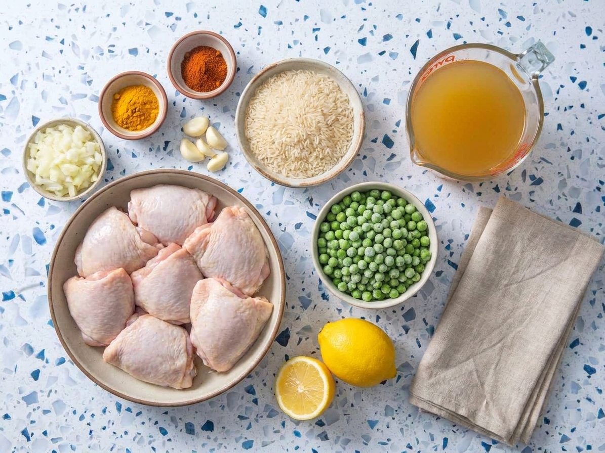 Raw chicken thighs, long grain rice, onion, garlic, chicken broth, turmeric, paprika, peas, and lemon arranged on a clean kitchen counter