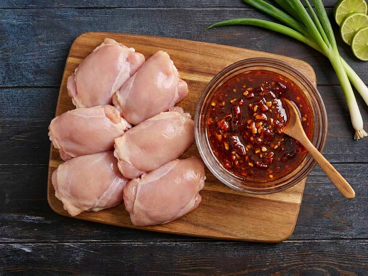 Raw chicken thighs next to a bowl of chipotle honey sauce with visible minced chipotle and garlic on a kitchen counter