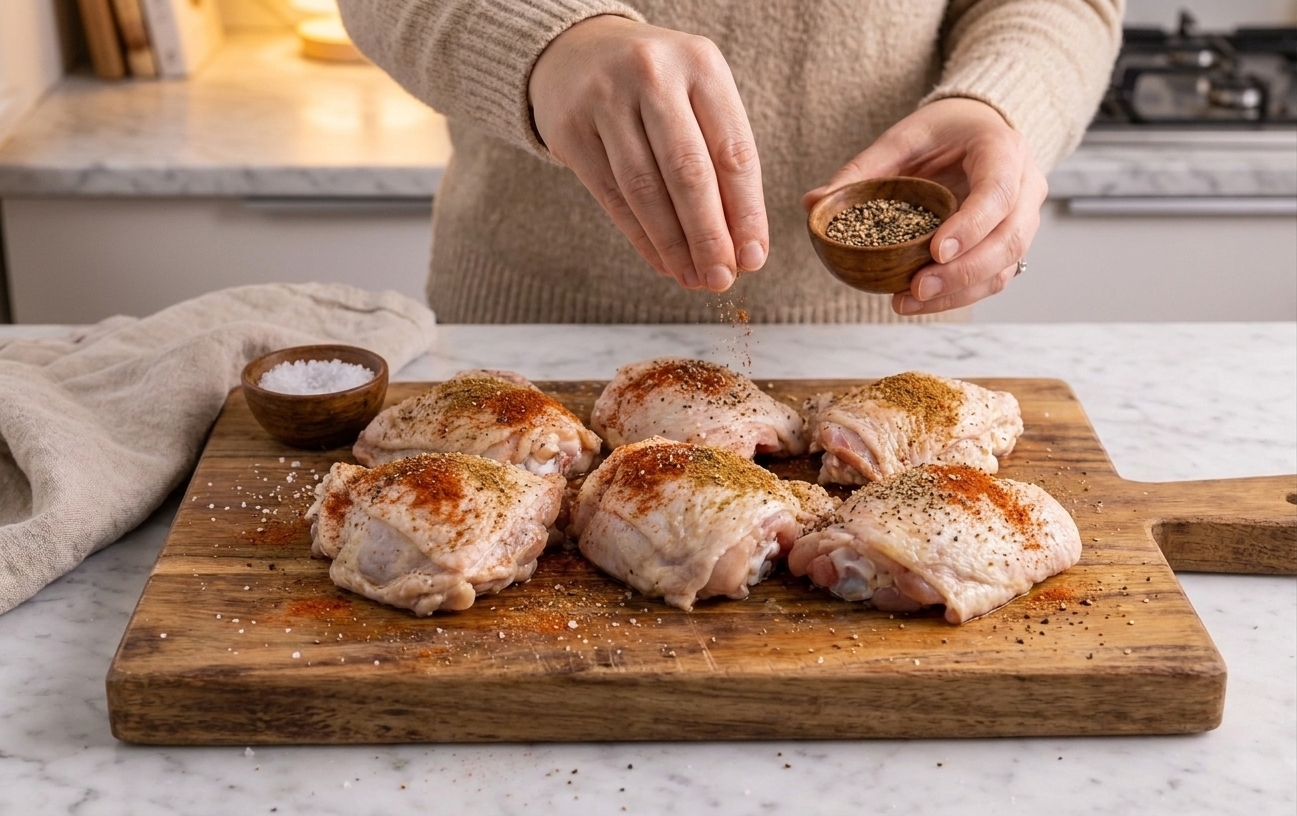 Raw chicken thighs on a cutting board being seasoned with paprika, cumin, salt, and pepper in a home kitchen