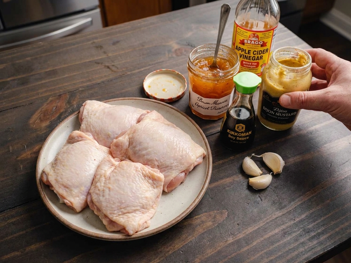 Raw chicken thighs on a plate beside a jar of apricot preserves, Dijon mustard, garlic, soy sauce, and vinegar on a bright kitchen counter