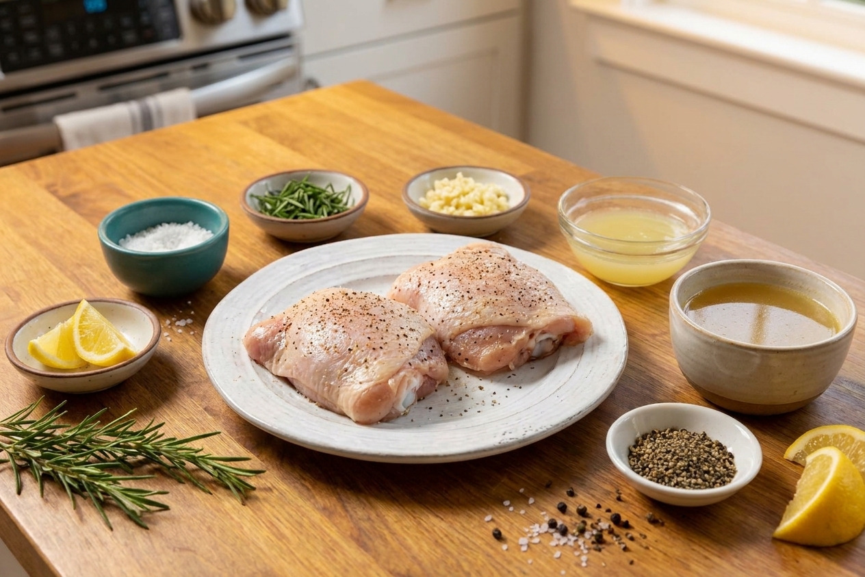 Raw chicken thighs on a plate next to small bowls of chopped rosemary, minced garlic, lemon juice, salt, pepper, and chicken broth arranged on a kitchen counter