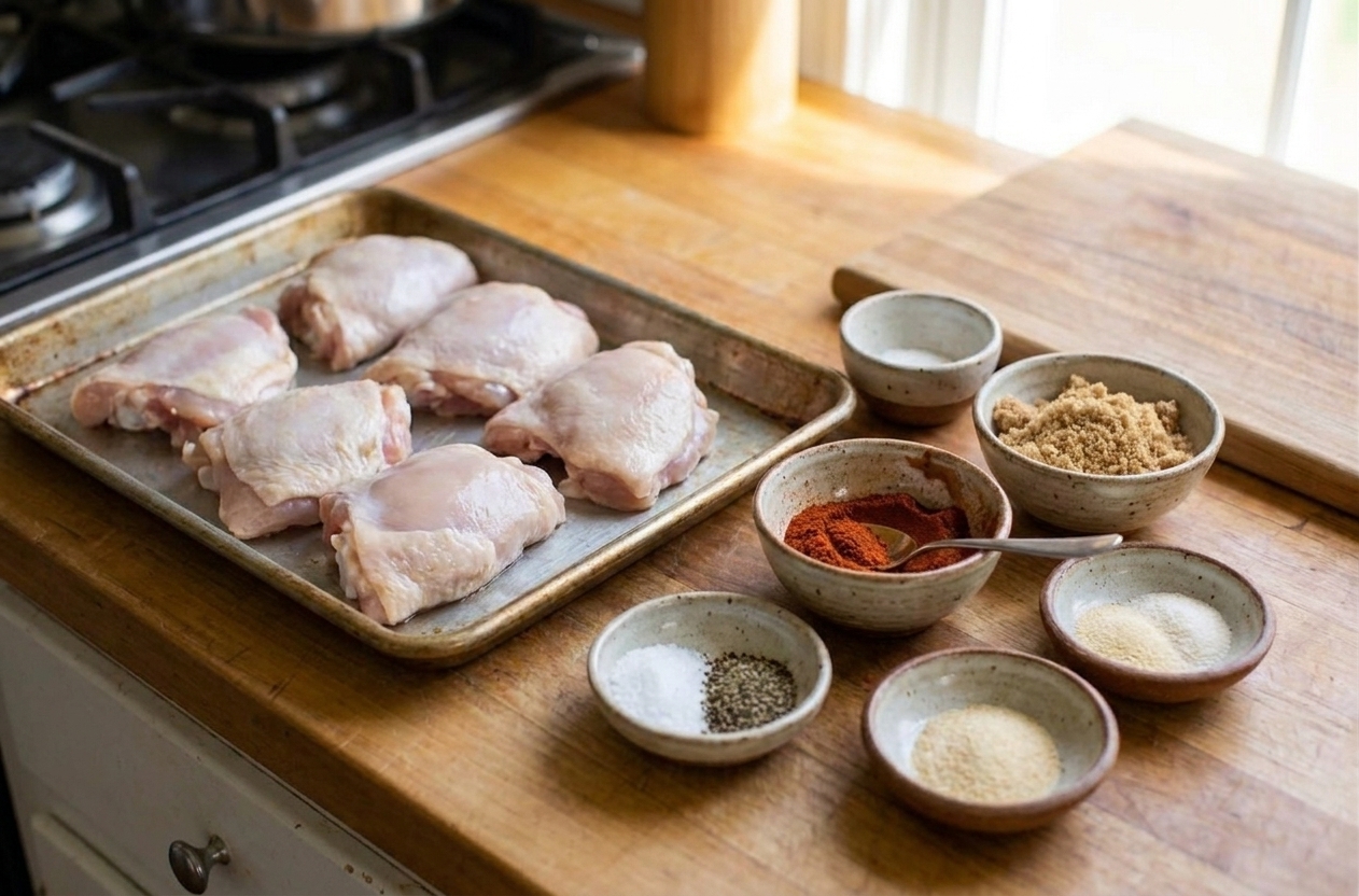 Raw chicken thighs on a rimmed baking sheet beside small bowls of salt, pepper, paprika, brown sugar, garlic powder, and onion powder on a bright kitchen counter