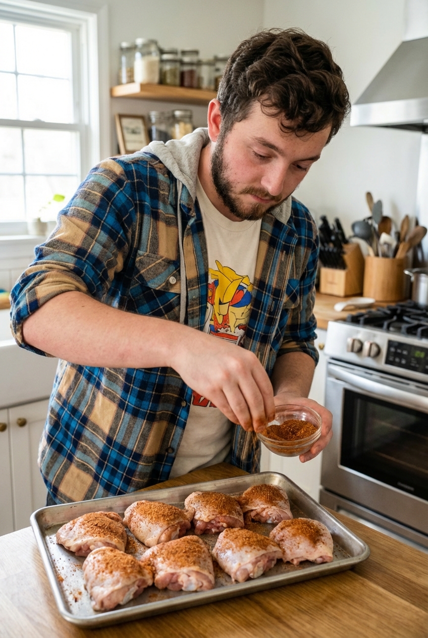 Raw chicken thighs on a sheet pan being seasoned with a spice rub in a home kitchen