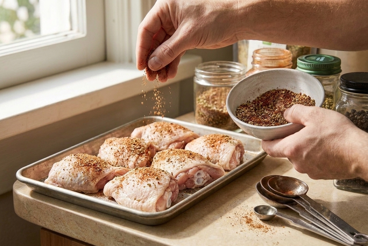 Raw chicken thighs on a sheet pan being sprinkled with homemade adobo seasoning in a home kitchen