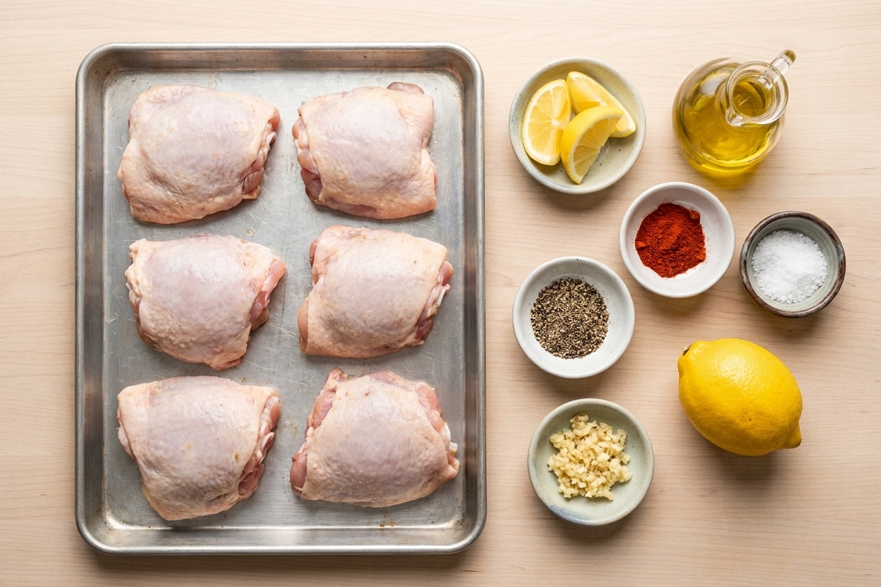 Raw chicken thighs on a sheet pan beside small bowls of salt, paprika, black pepper, garlic, lemon, and olive oil on a clean kitchen counter