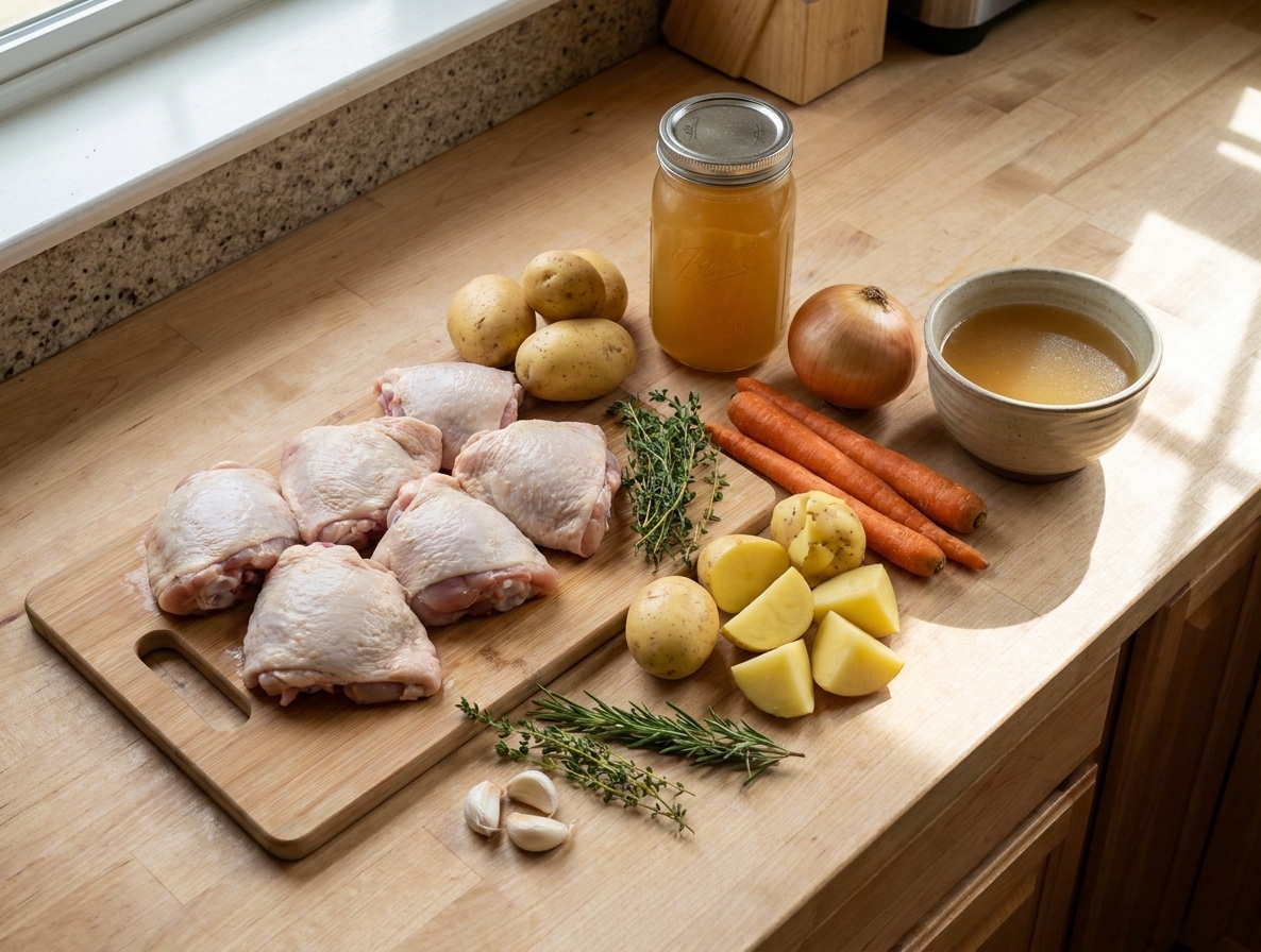 Raw chicken thighs, potatoes, carrots, onion, garlic, herbs, and chicken broth arranged on a bright kitchen counter