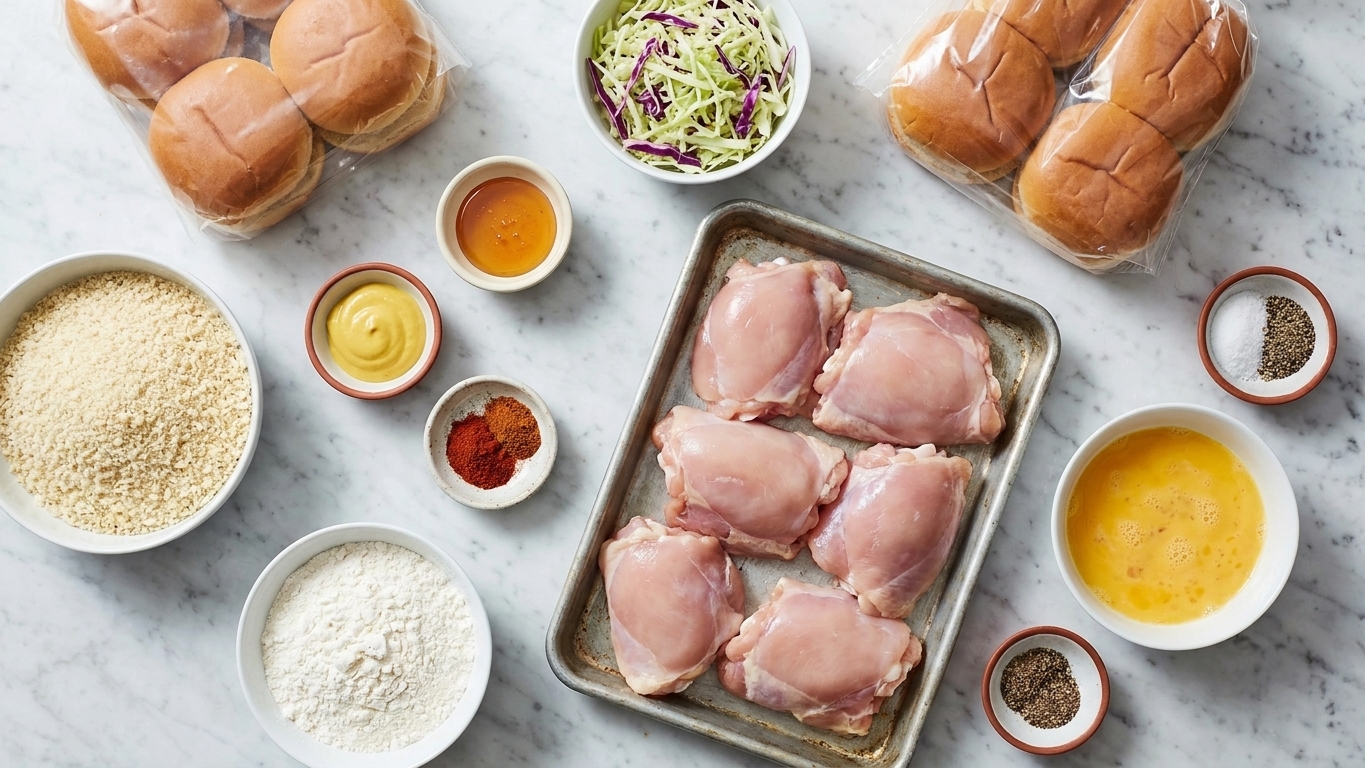 Raw chicken thighs, slider buns, shredded cabbage, panko, flour, eggs, mustard, honey, and spices arranged on a light kitchen counter