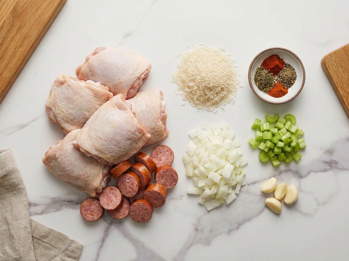 Raw chicken thighs, smoked sausage, long grain rice, onions, celery, garlic, and spices arranged on a bright kitchen counter