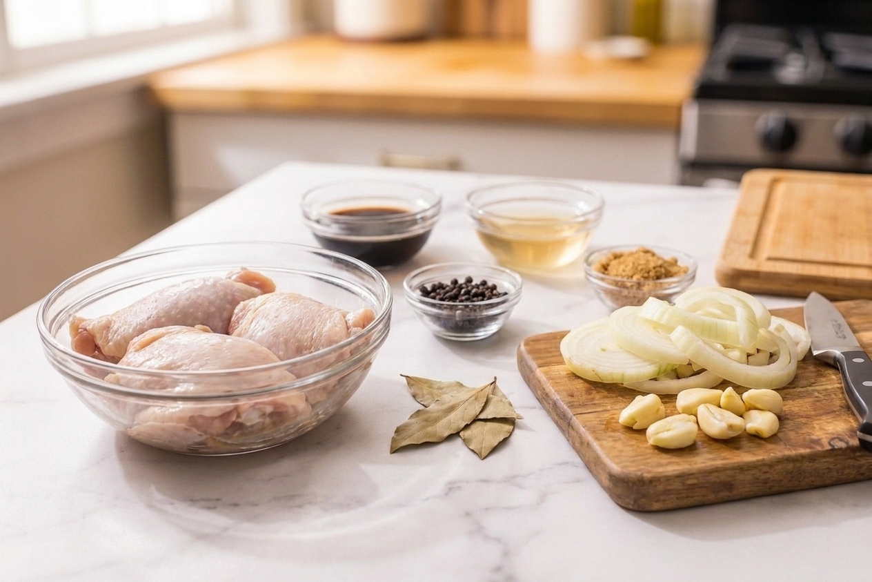 Raw chicken thighs, soy sauce, cane vinegar, garlic, bay leaves, whole peppercorns, brown sugar, and sliced onions arranged on a clean kitchen counter with warm natural light