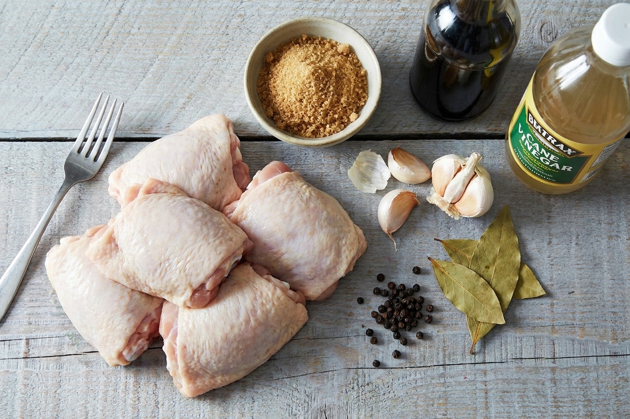 Raw chicken thighs, soy sauce, cane vinegar, garlic cloves, bay leaves, whole peppercorns, and a bowl of brown sugar arranged on a clean kitchen counter