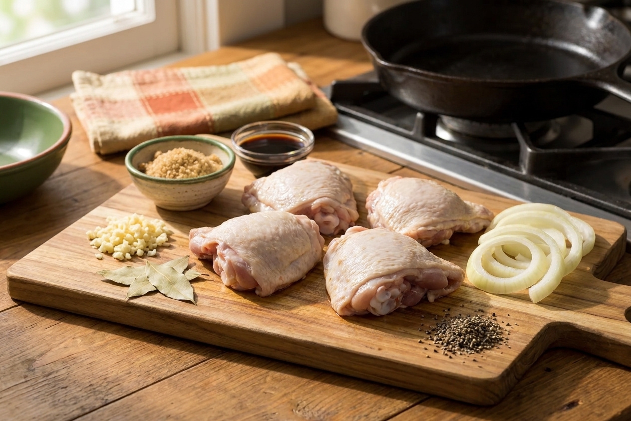 Raw chicken thighs, soy sauce, garlic, bay leaves, brown sugar, onion, and black pepper arranged on a wooden cutting board on a bright kitchen counter