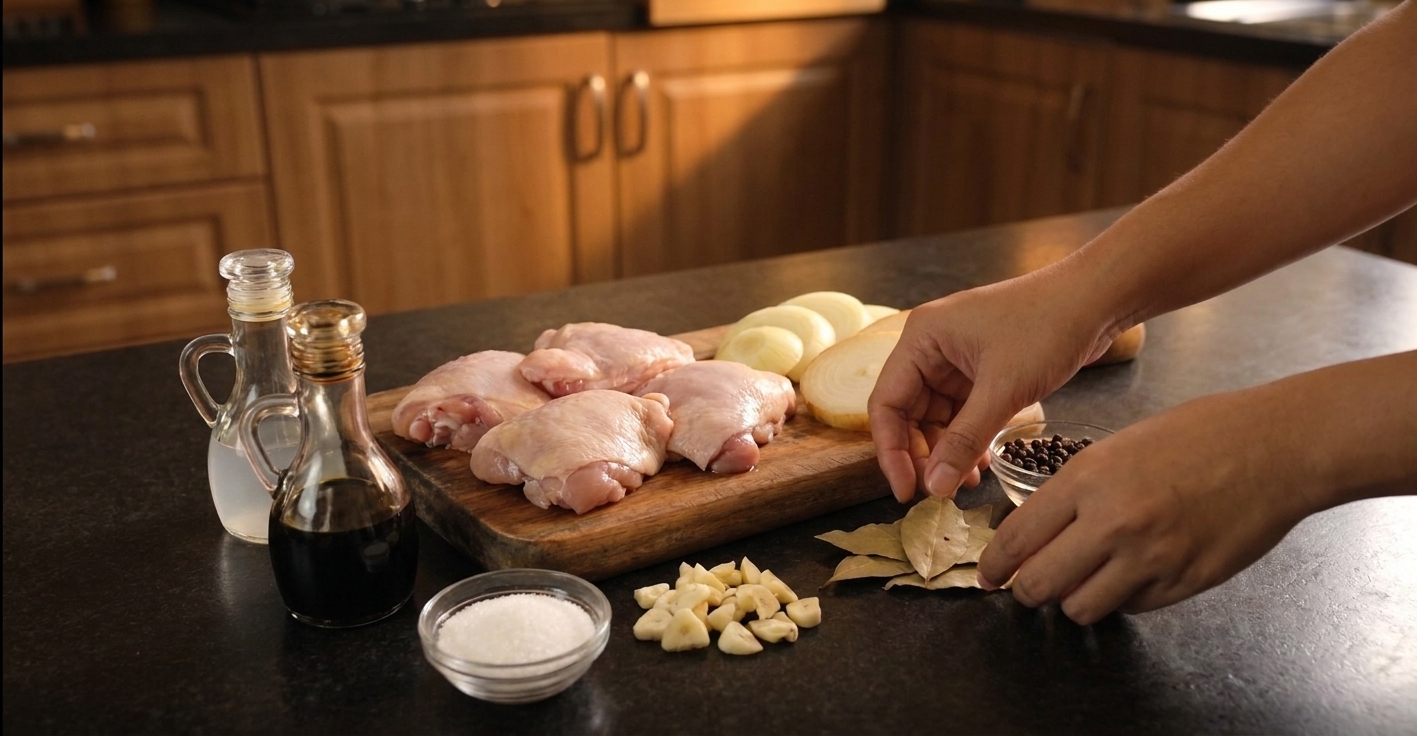 Raw chicken thighs, soy sauce, vinegar, garlic, bay leaves, peppercorns, sugar, and onions arranged on a clean kitchen counter with consistent warm lighting