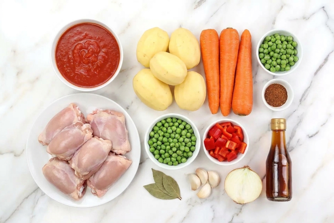 Raw chicken thighs, tomato sauce, garlic, onion, potatoes, carrots, red bell pepper, peas, bay leaves, and fish sauce arranged on a tidy kitchen counter in natural light