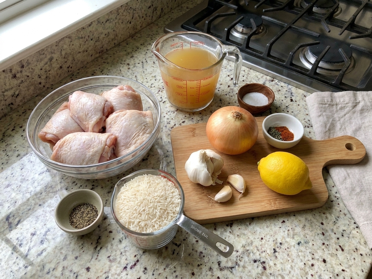 Raw chicken thighs, uncooked long-grain white rice, chicken broth, onion, garlic, lemon, and spices arranged on a clean kitchen counter in soft natural light