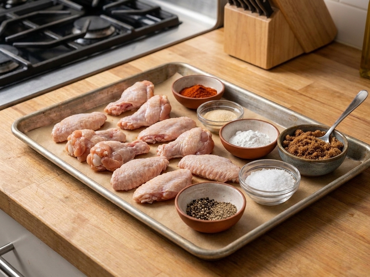 Raw chicken wings arranged on a sheet pan with small bowls of salt, pepper, paprika, garlic powder, baking powder, and brown sugar on a kitchen counter