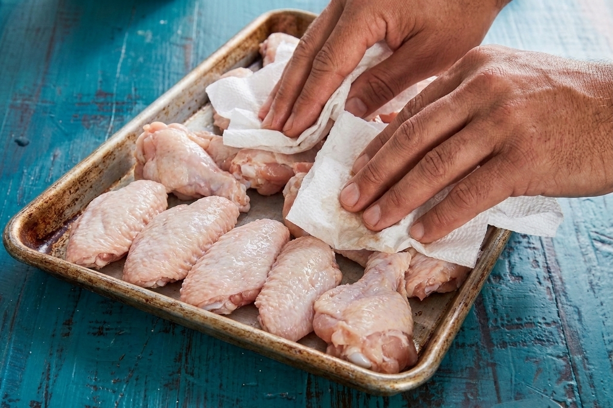 Raw chicken wings being patted dry with paper towels on a rimmed sheet pan on a kitchen counter