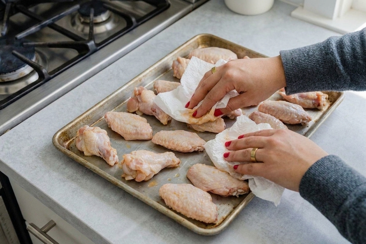 Raw chicken wings being patted very dry with paper towels on a sheet pan in a home kitchen