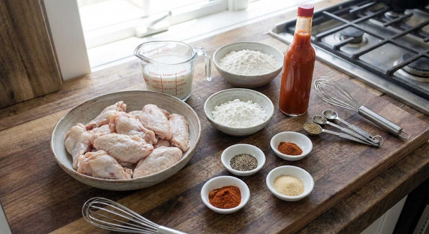 Raw chicken wings, buttermilk, flour, cornstarch, spices, and a bottle of hot sauce arranged on a bright kitchen counter