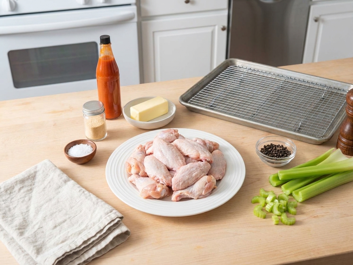 Raw chicken wings, hot sauce, butter, garlic powder, salt, pepper, and celery arranged on a bright kitchen counter with a sheet pan nearby