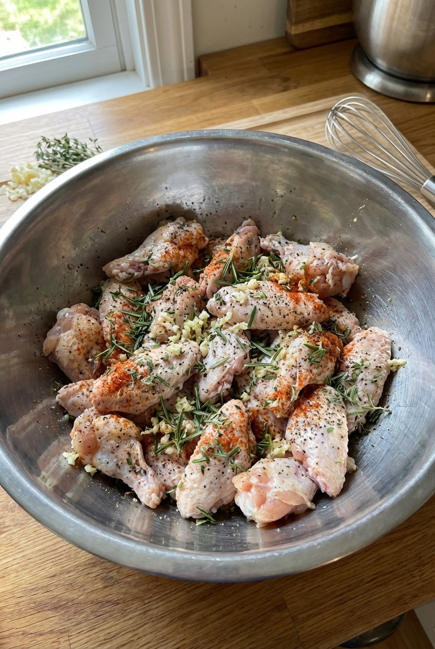 Raw chicken wings in a mixing bowl coated with herbs, garlic, and seasoning