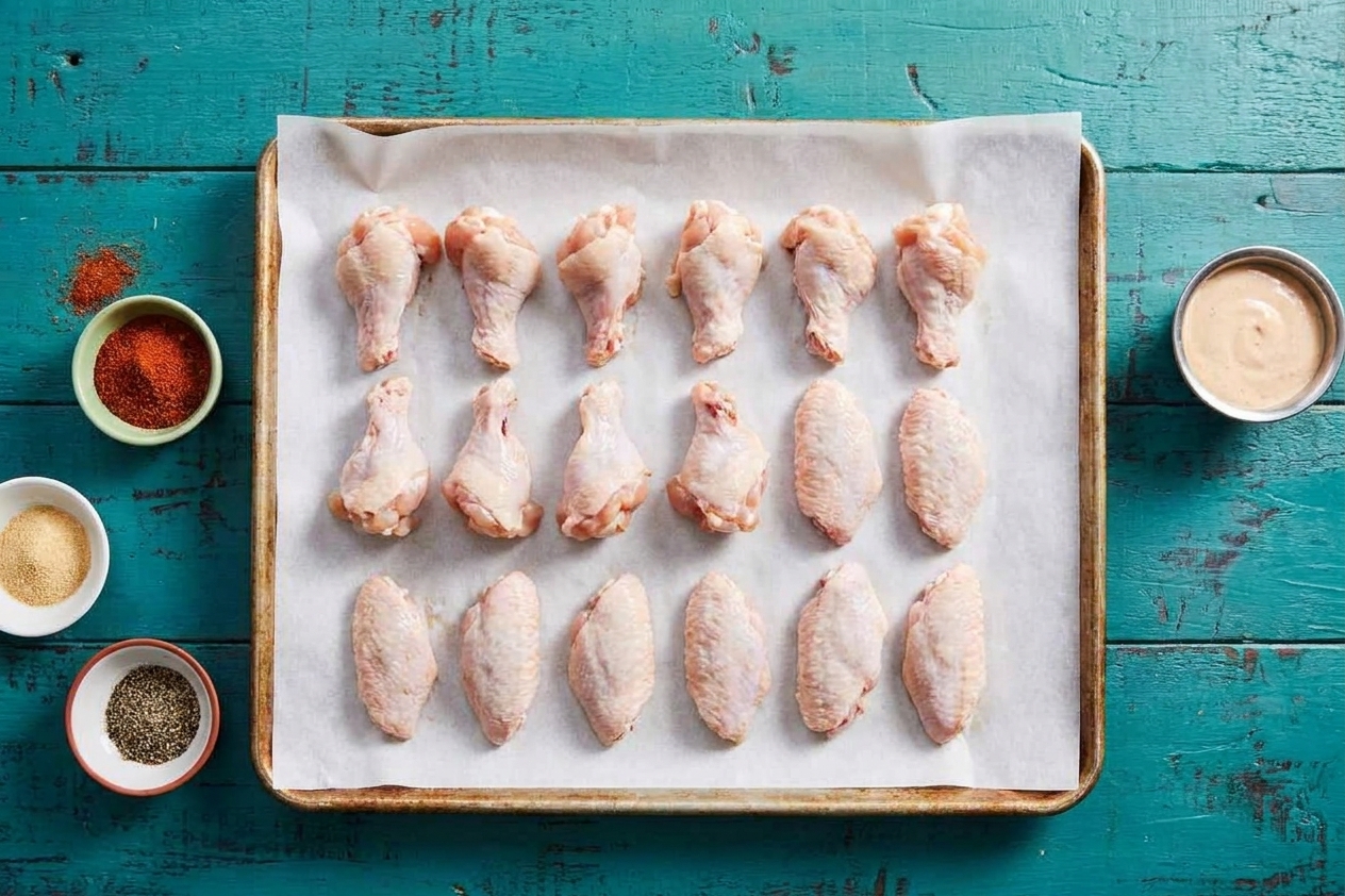Raw chicken wings patted dry and arranged on a rimmed sheet pan lined with parchment on a kitchen counter with small bowls of spices nearby