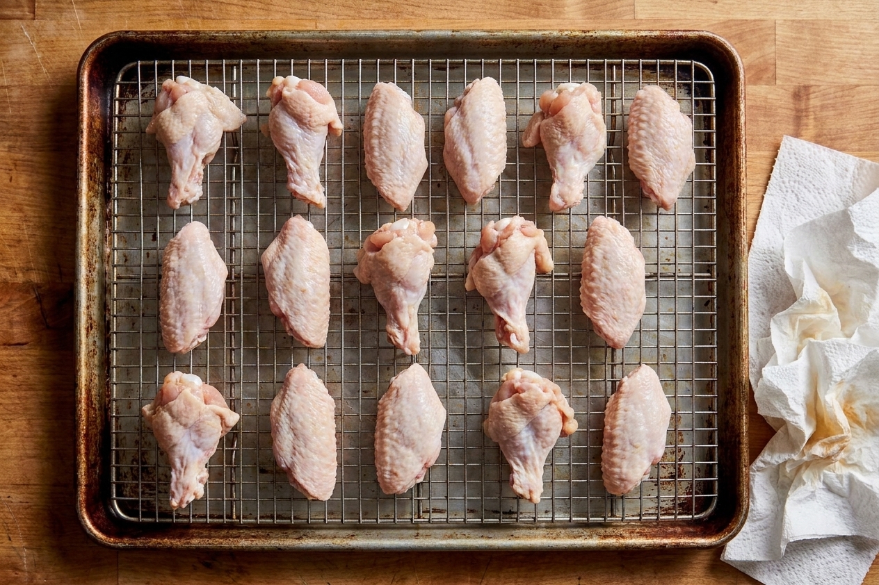 Raw chicken wings patted dry and arranged on a wire rack set over a rimmed baking sheet on a kitchen counter