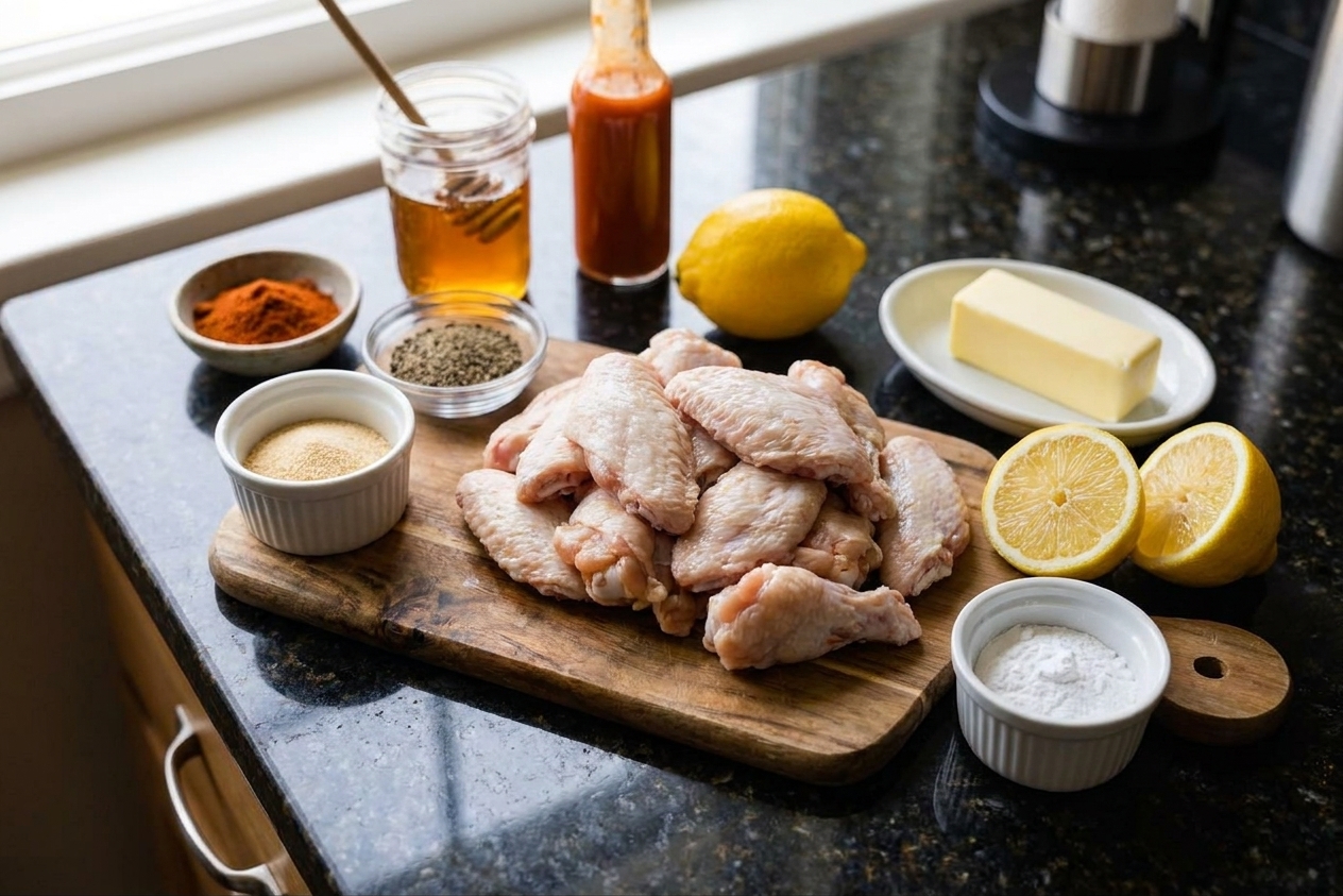 Raw chicken wings, spices, baking powder, lemon, honey, hot sauce, and butter arranged on a clean kitchen counter with warm natural light