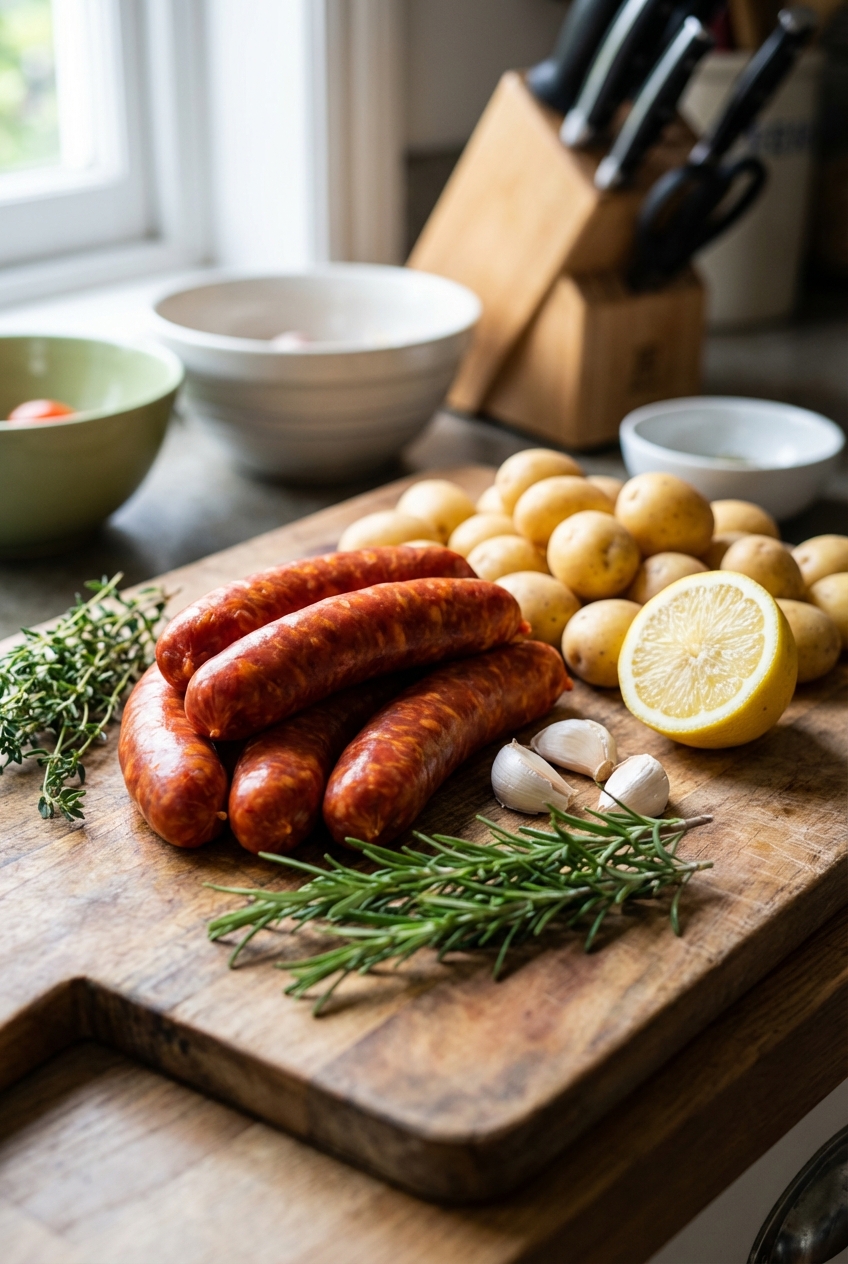 Raw chorizo links, baby potatoes, garlic, lemon, and fresh herbs laid out on a wooden cutting board