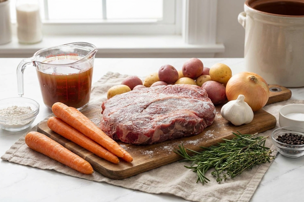 Raw chuck roast, carrots, baby potatoes, onion, garlic, beef broth, and herbs arranged on a kitchen counter in natural light