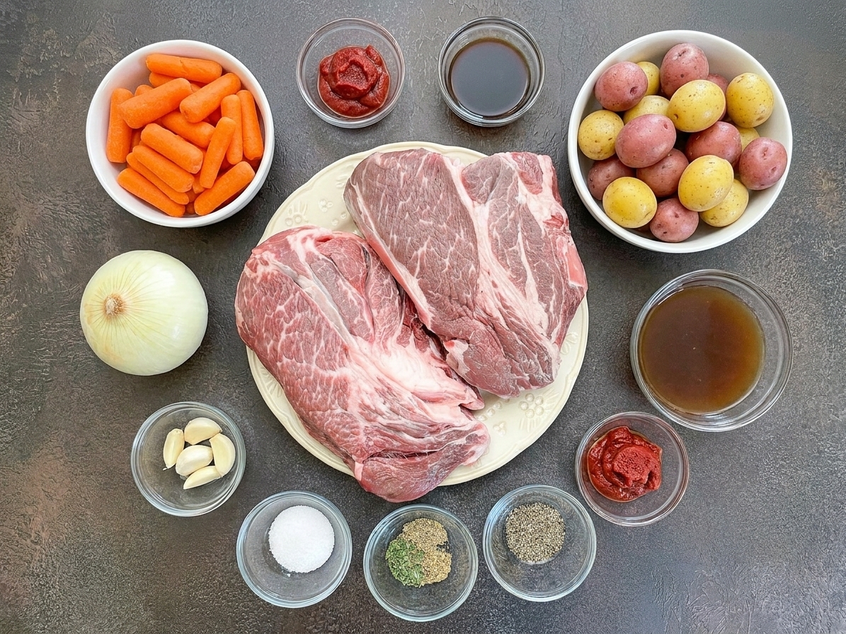 Raw chuck roast, carrots, baby potatoes, onion, garlic, beef broth, tomato paste, Worcestershire, and herbs arranged on a light kitchen counter