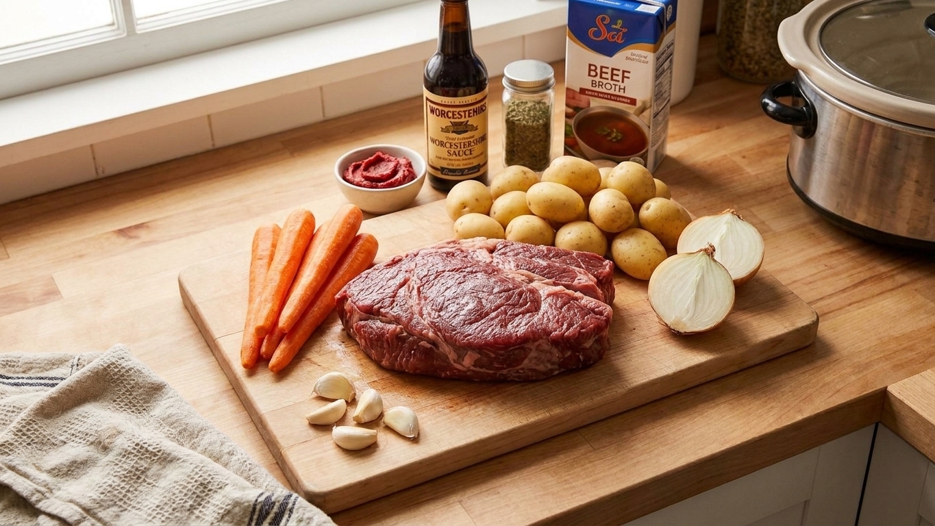 Raw chuck roast, carrots, baby potatoes, onions, garlic, beef broth, tomato paste, Worcestershire sauce, and dried herbs arranged on a clean kitchen counter in warm natural light