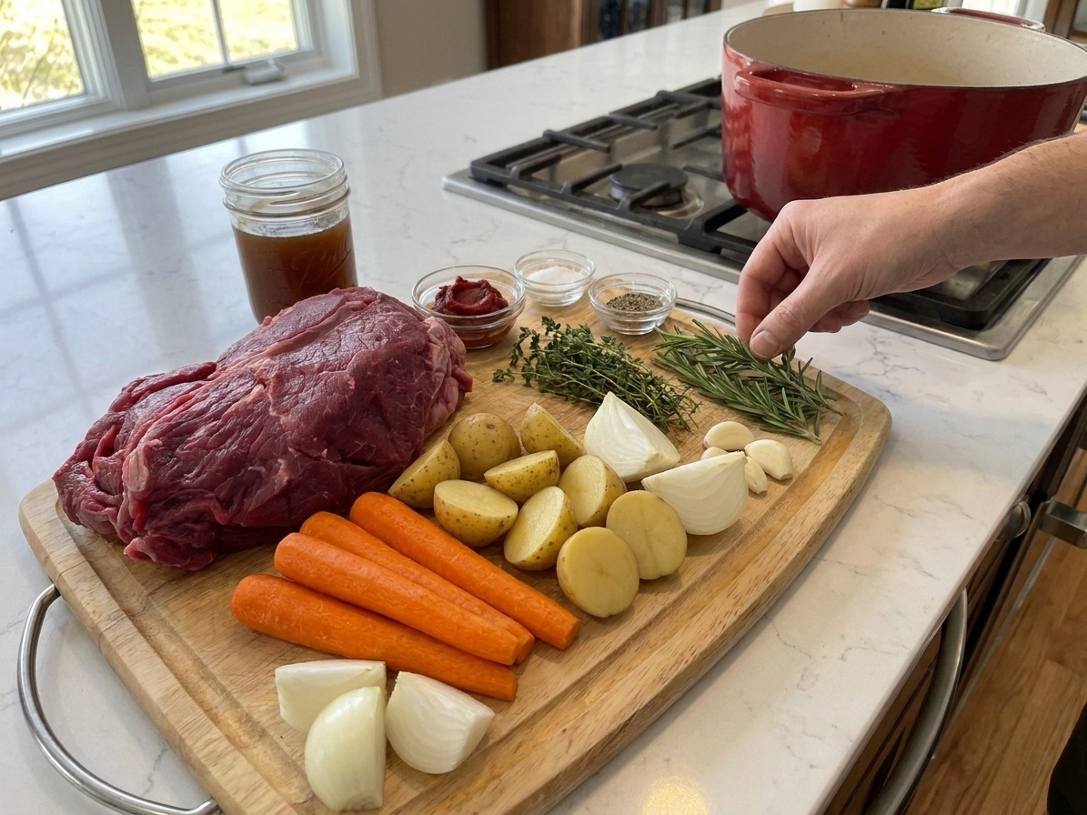 Raw chuck roast, carrots, onions, garlic, potatoes, beef broth, tomato paste, herbs, and seasonings arranged on a light kitchen counter