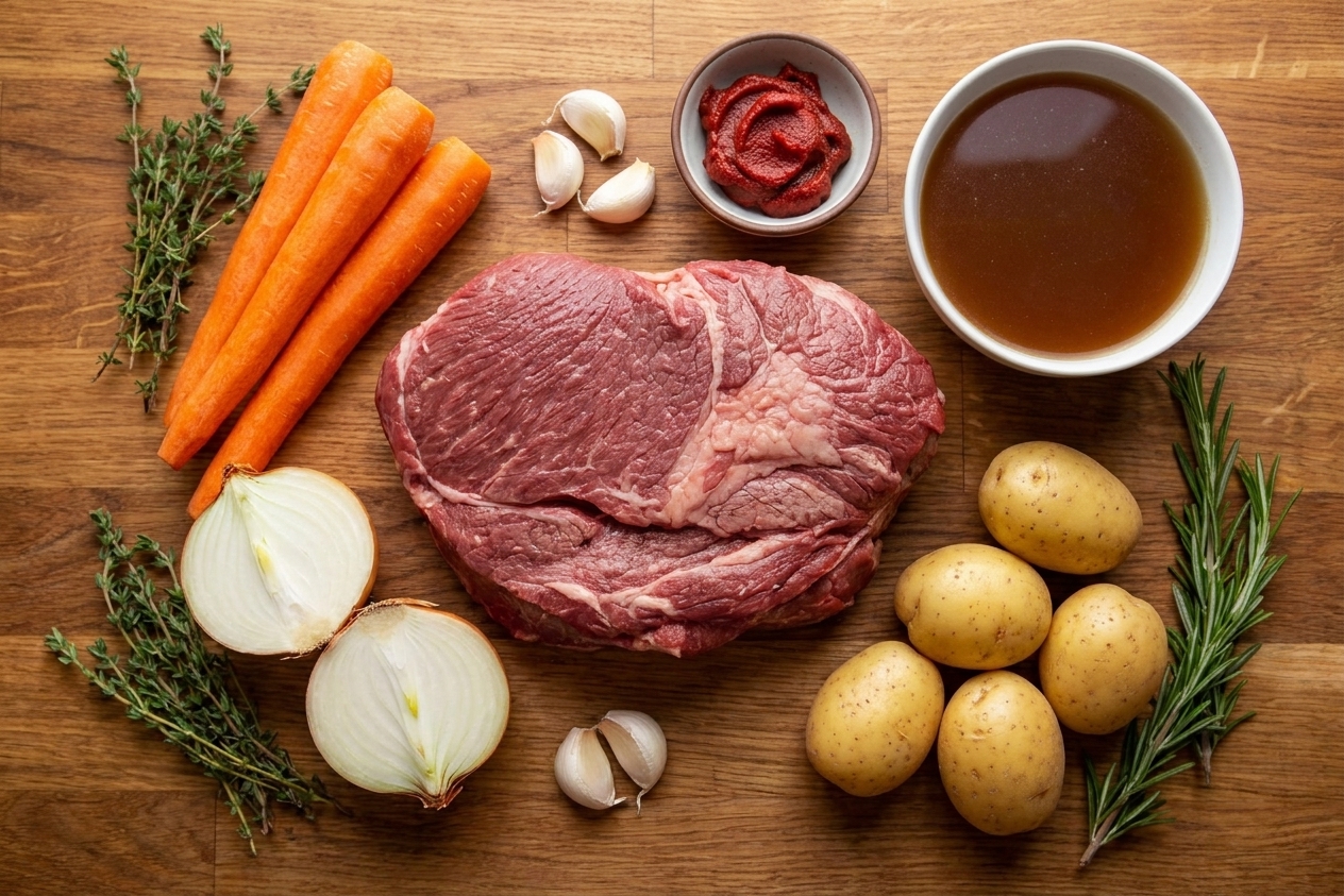 Raw chuck roast, carrots, onions, potatoes, garlic, tomato paste, beef broth, thyme, and rosemary arranged on a wooden kitchen counter in consistent warm lighting