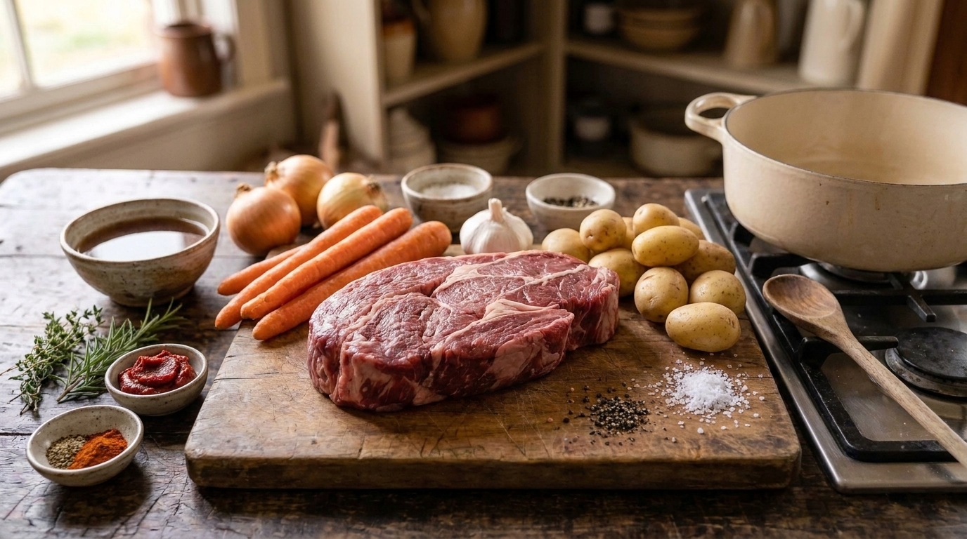 Raw chuck roast, carrots, yellow onions, garlic, baby potatoes, beef broth, tomato paste, herbs, and pantry spices arranged on a clean kitchen counter in natural light