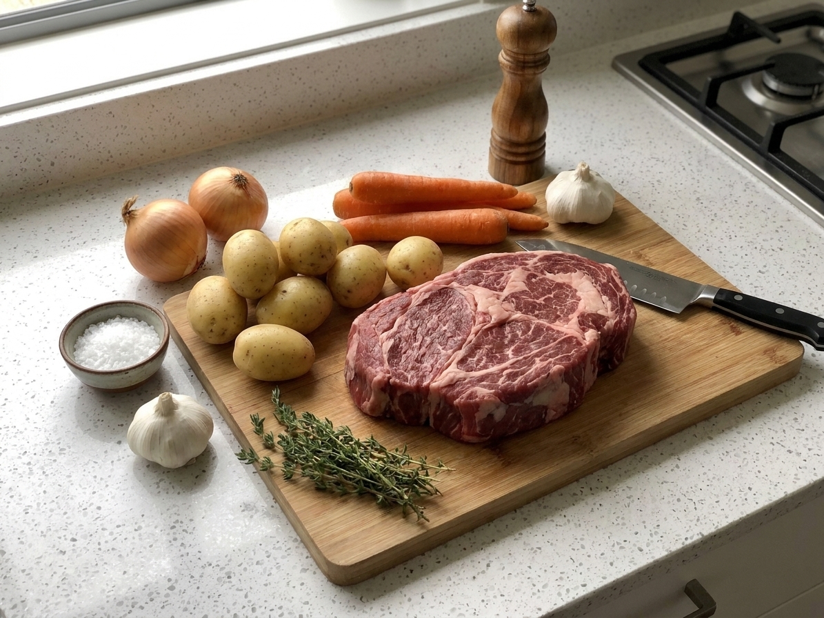 Raw chuck roast on a cutting board beside carrots, baby potatoes, onions, garlic, and thyme on a home kitchen counter