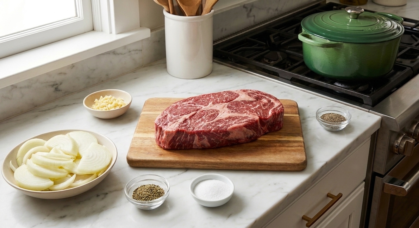 Raw chuck roast on a cutting board with small bowls of garlic, Italian seasoning, salt, pepper, and sliced onions on a bright kitchen counter