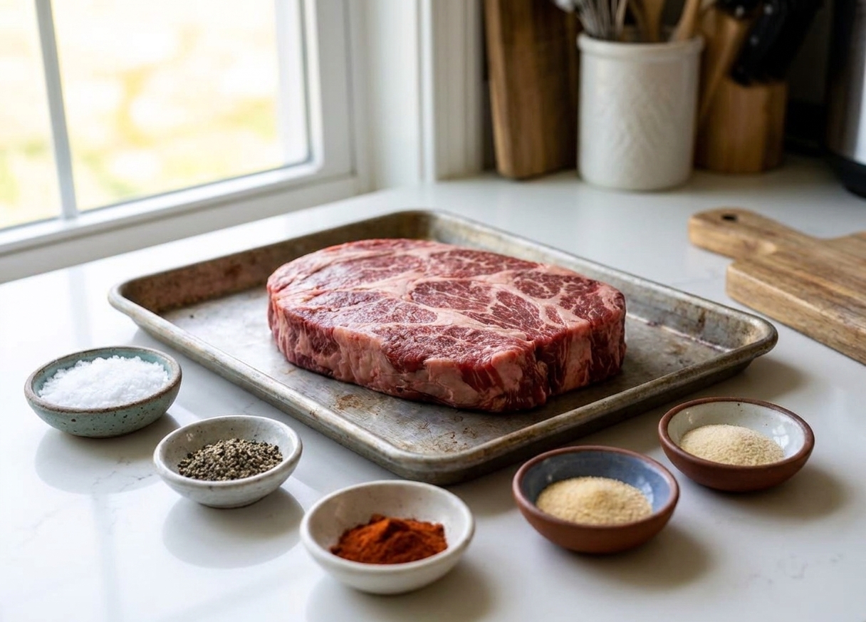 Raw chuck roast on a sheet pan next to small bowls of kosher salt, coarse black pepper, paprika, and garlic powder on a clean kitchen counter under warm light