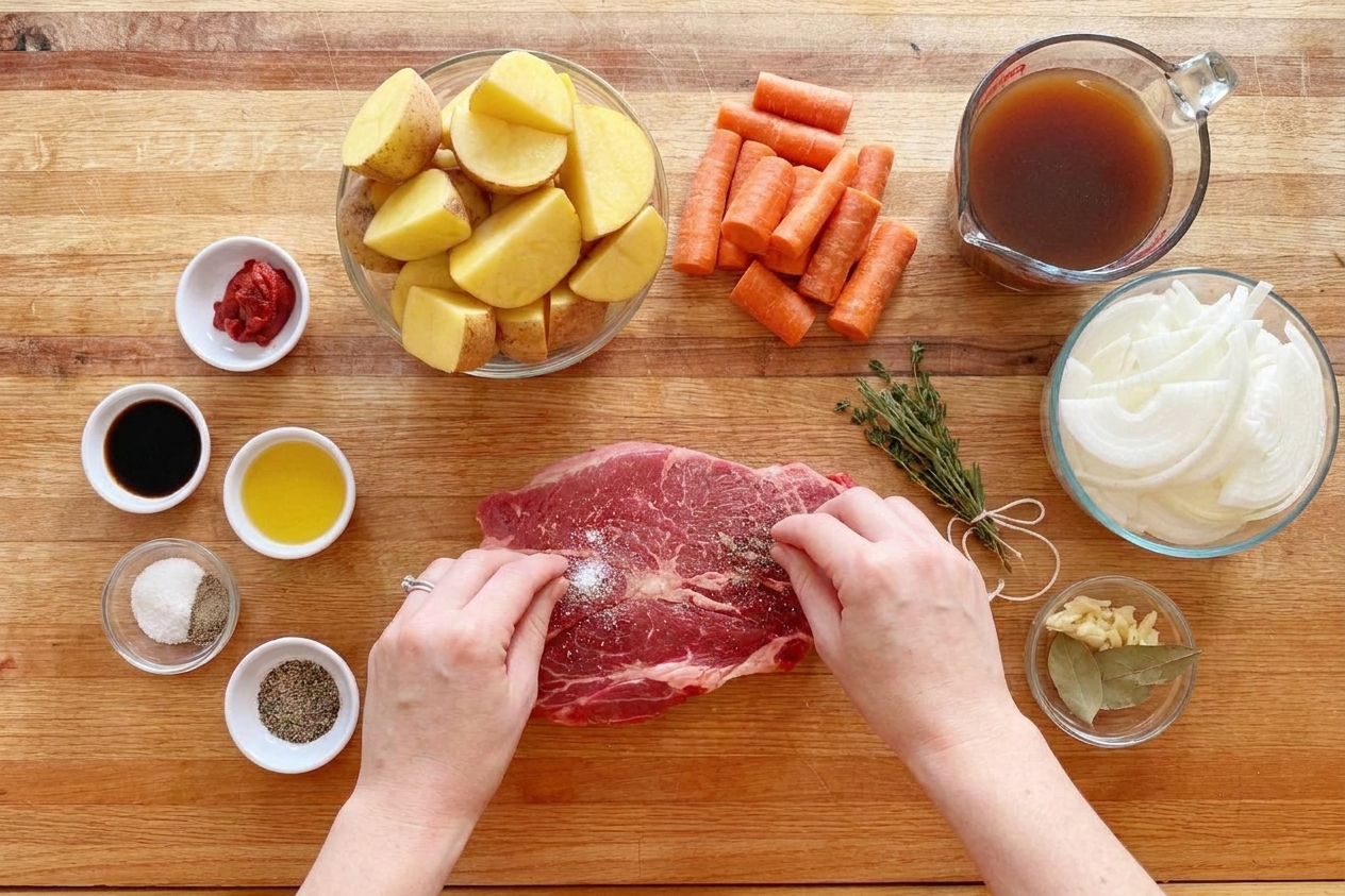 Raw chuck roast, potatoes, carrots, onion, garlic, beef broth, tomato paste, Worcestershire sauce, and seasonings arranged on a bright kitchen counter