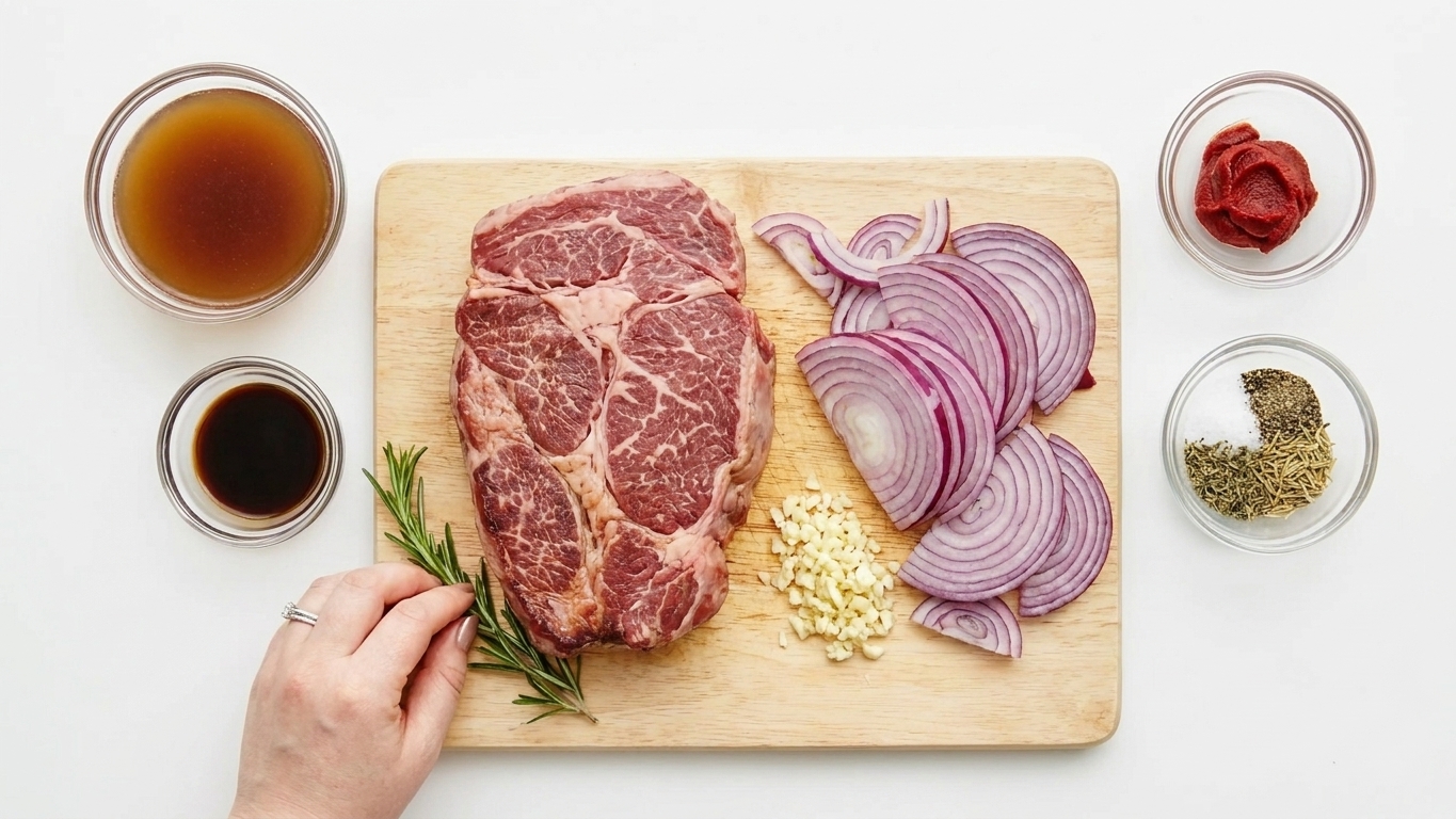 Raw chuck roast, sliced onion, garlic, beef broth, Worcestershire, tomato paste, and seasonings arranged on a kitchen counter